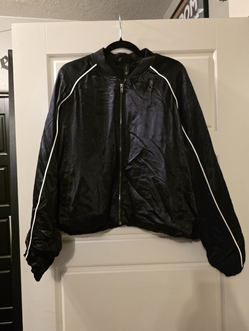 Womens Black Bomber Jacket with White Piping - Size XXL - All In Motion
